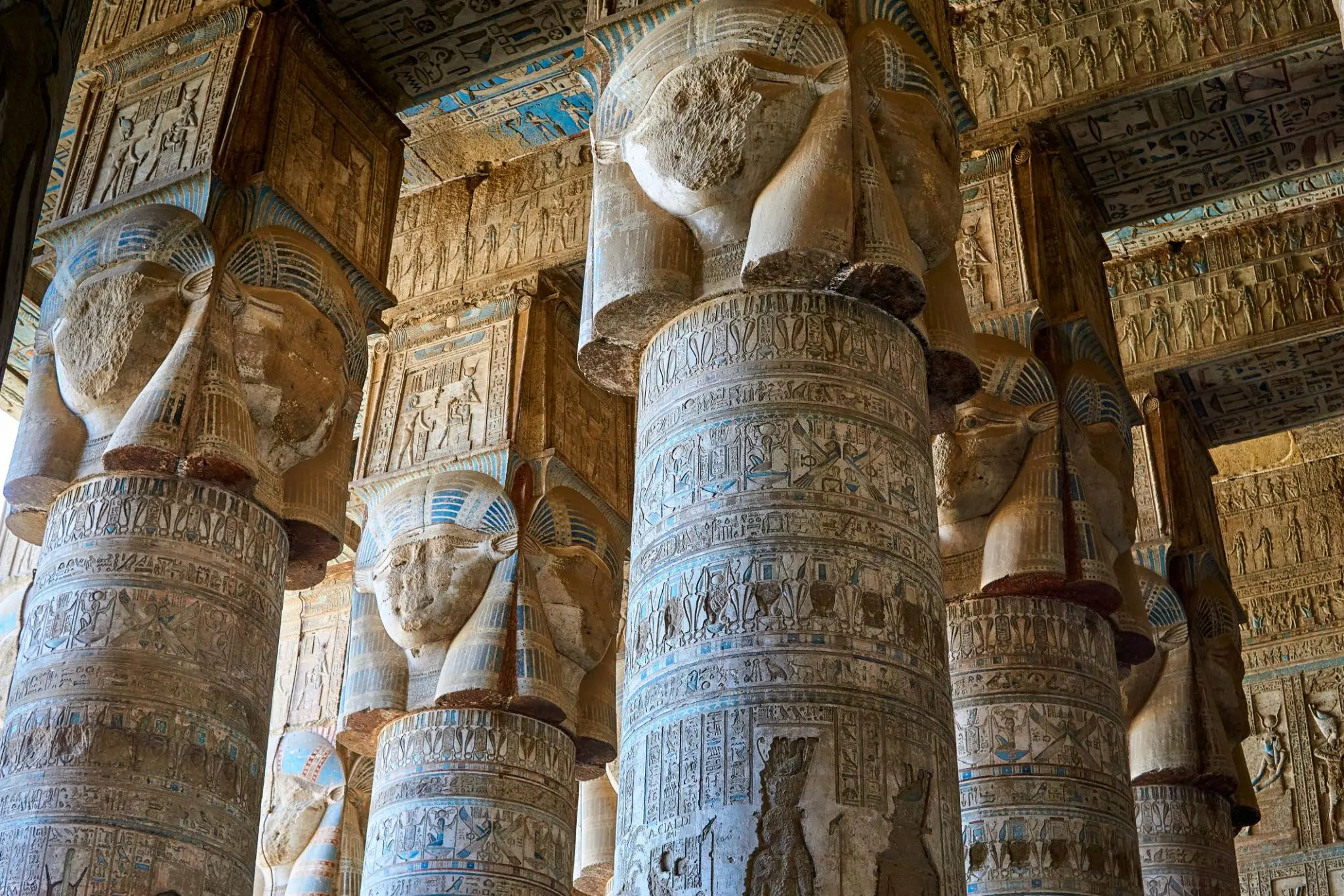 athor-headed columns inside Dendera Temple